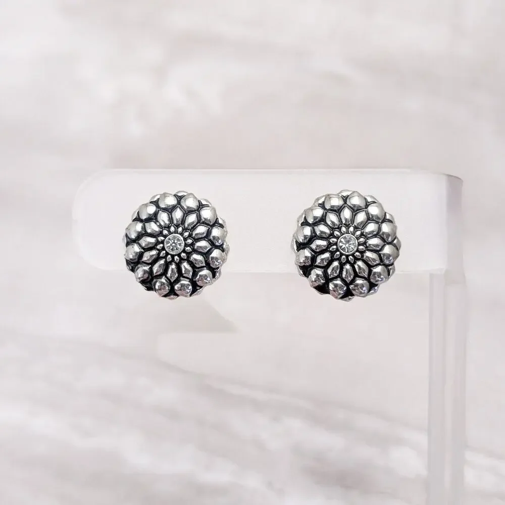 Vintage Clip On Earrings Silver Tone Flower with Black Detail & Clear Gem 5/8